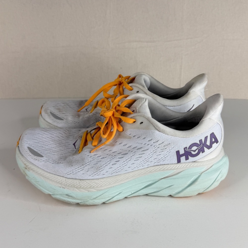 Hoka One One Clifton 8 Blanc De Blac Running Shoes size 8B White/Orange/Mint